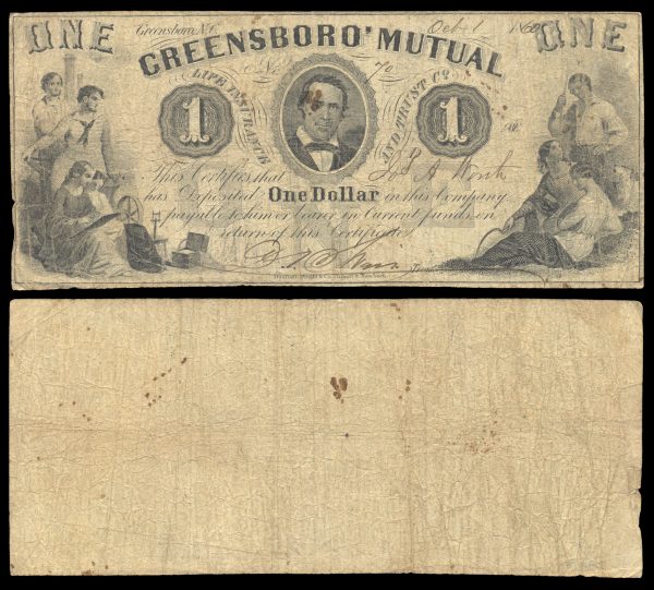 USA N CAROLINA Greensboro Mutual Life Ins 1 dollar 1860