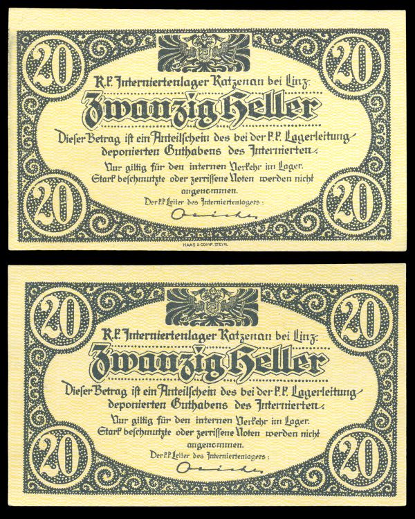 AUSTRIA KATZENAU Refugee Camp 20 heller World War I