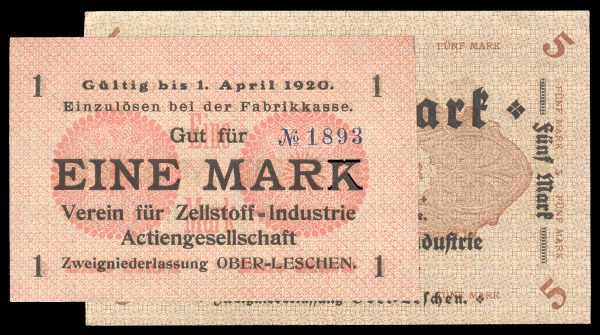 GERMANY OBER-LESCHEN factory notgeld set 1 & 5 mark 1920